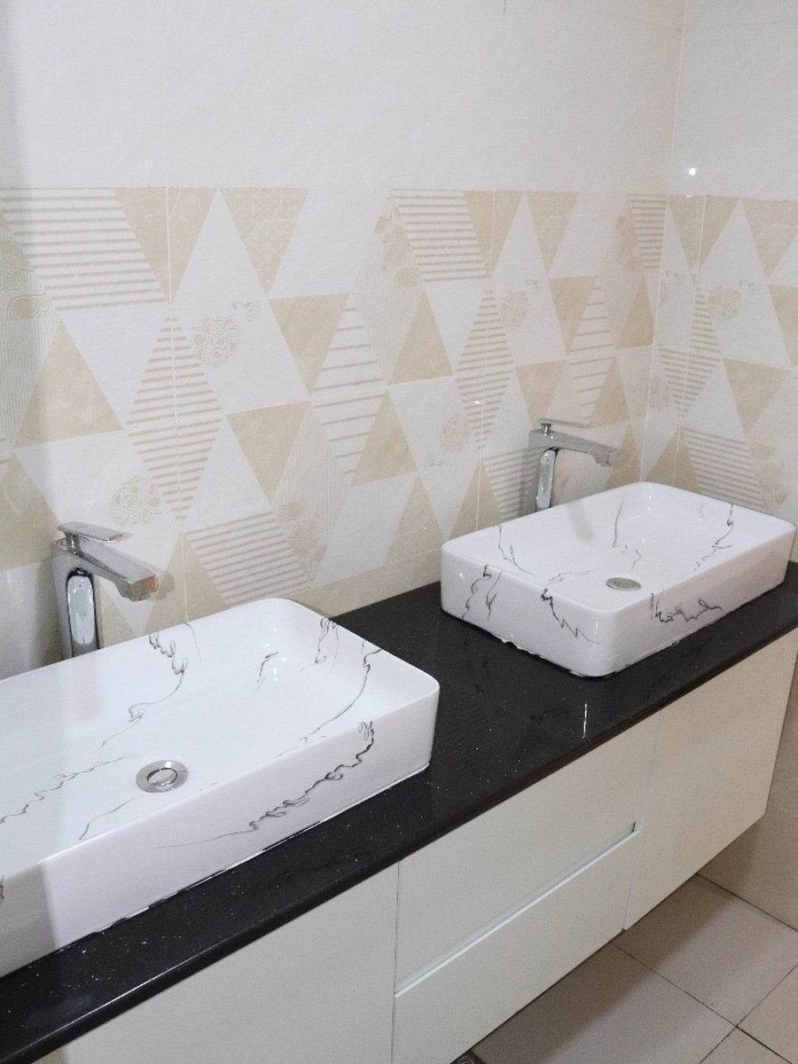 Washroom, twin-basin vanity